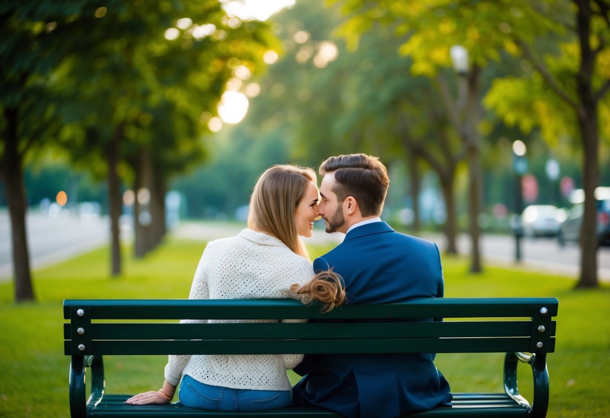 A couple sits on a park bench, one leaning in while the other listens attentively, symbolizing the 70 30 rule in a relationship