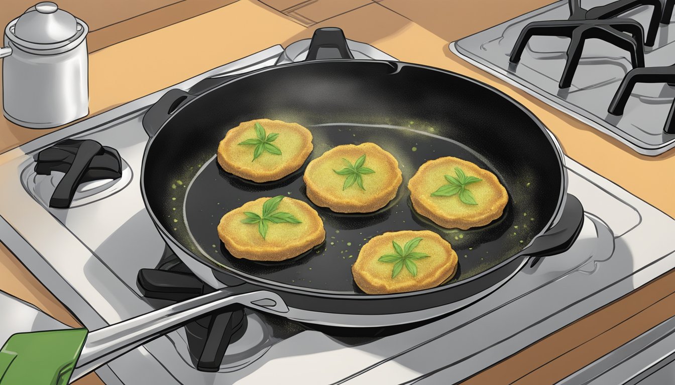 A plate of fried green tomatoes being reheated in a skillet on a stovetop