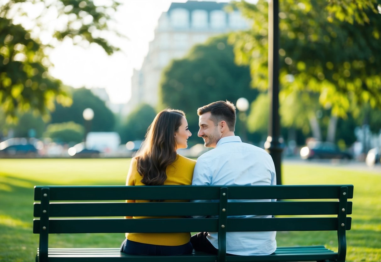 A couple sitting on a park bench, with one person leaning in and the other person listening attentively, showing a balanced and harmonious interaction