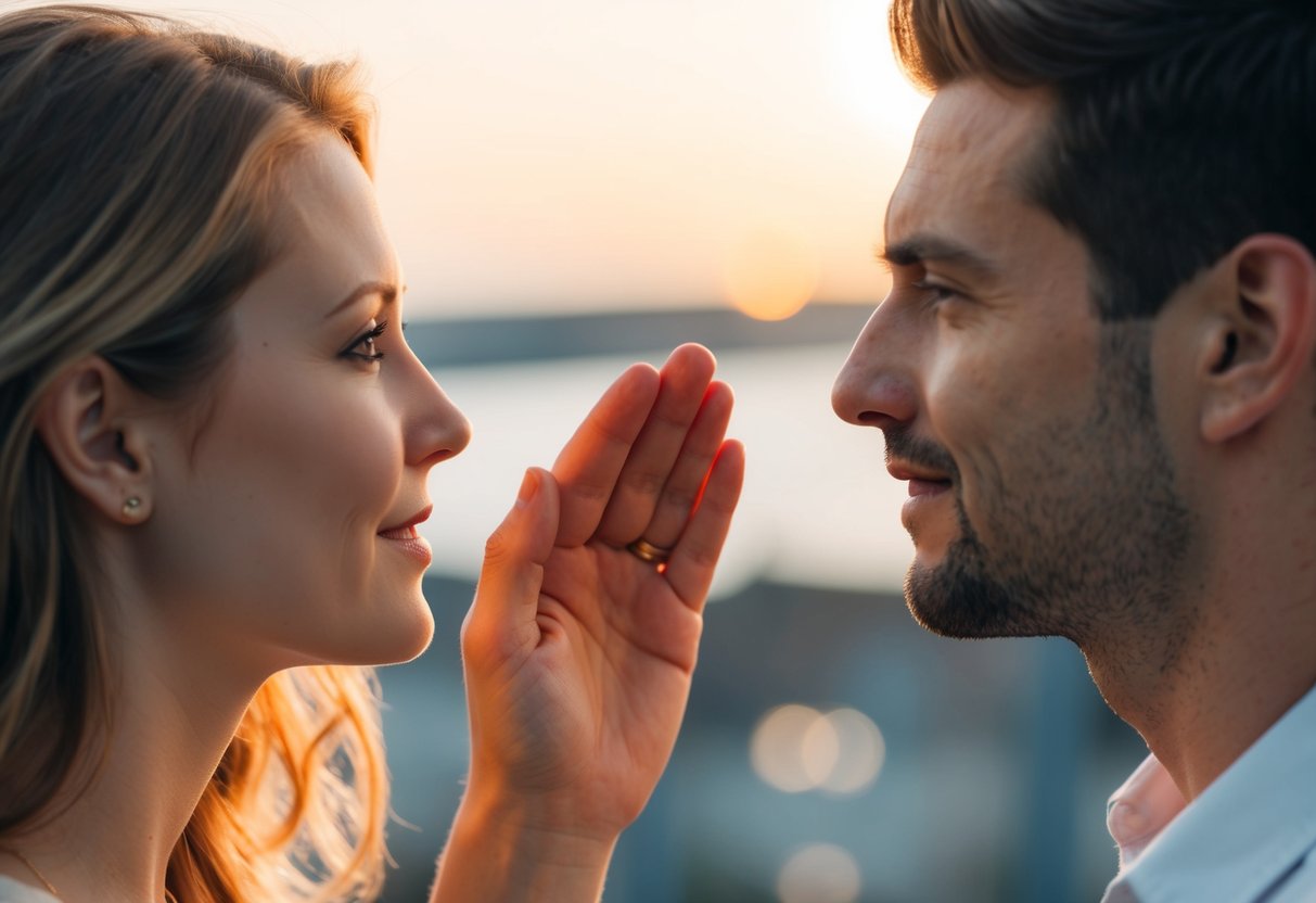 A couple facing each other, with one partner holding out their hand as if offering support or comfort