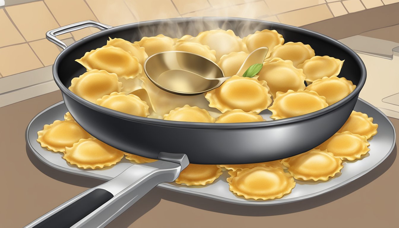 A frying pan sizzling with golden brown ravioli being gently flipped with a spatula