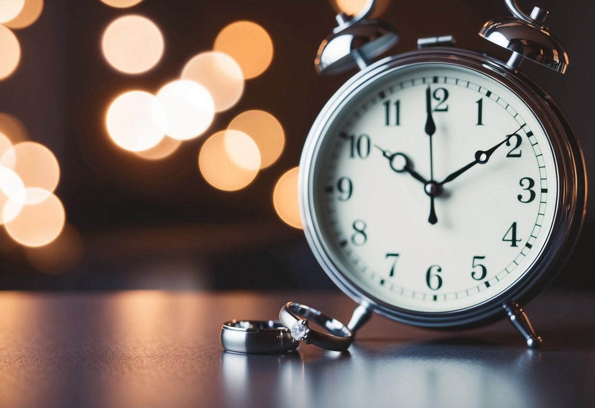 A clock striking midnight with a couple's wedding rings resting on a table