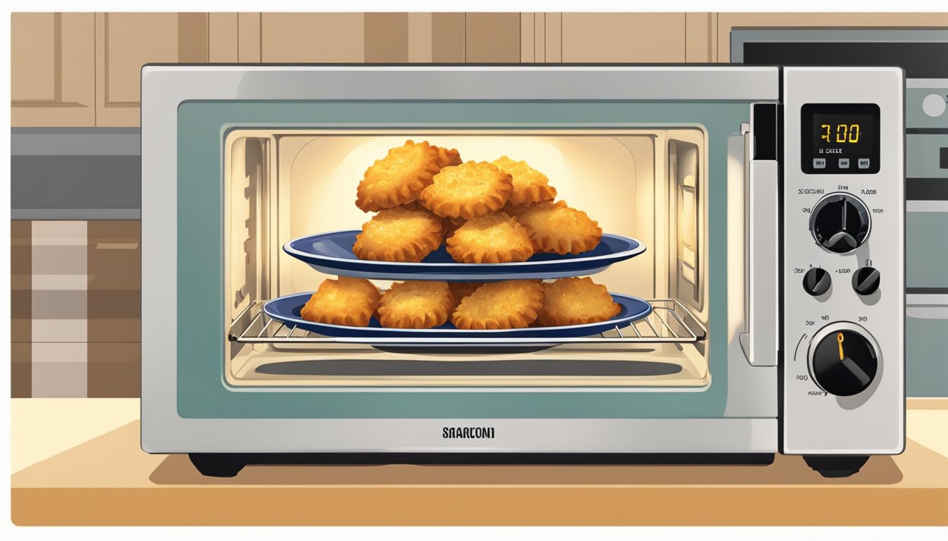 A plate of fried ravioli sits inside a microwave, the timer set and the light glowing as the food heats up