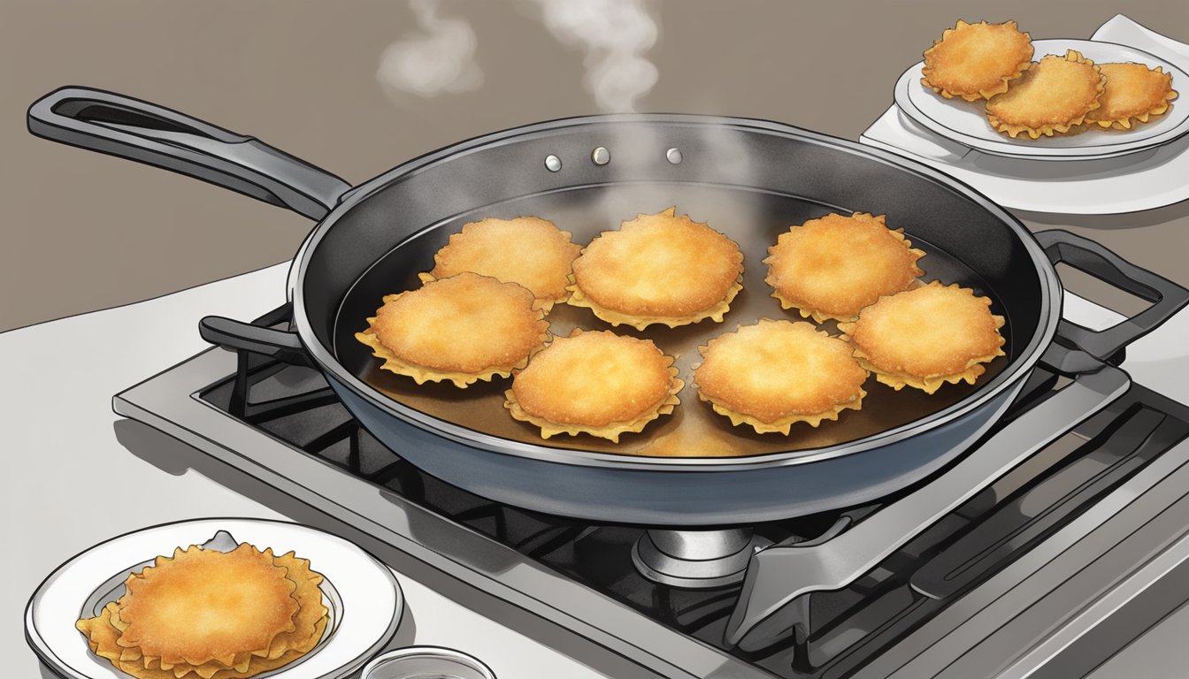 A skillet sizzles with golden fried ravioli, steam rising as it's being reheated