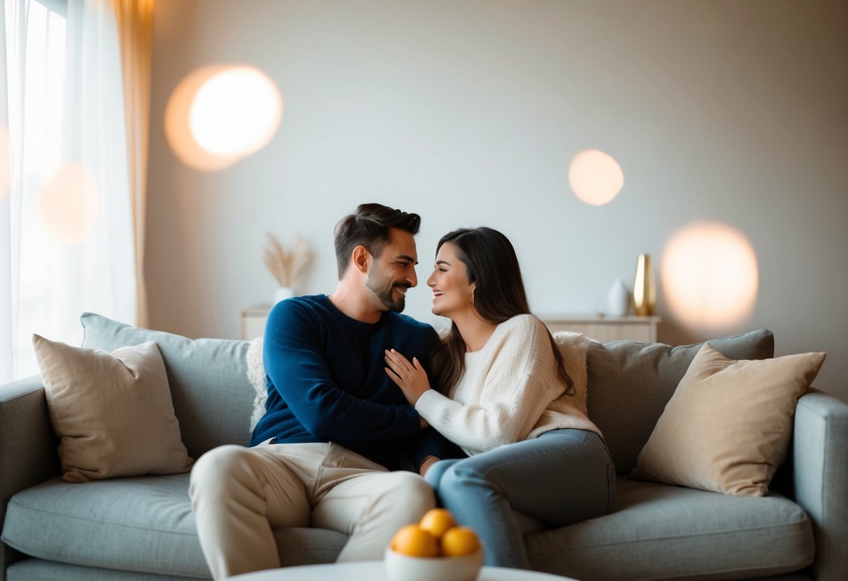 A couple sitting together on a cozy couch, sharing a warm embrace and engaged in deep conversation, surrounded by soft lighting and a serene atmosphere