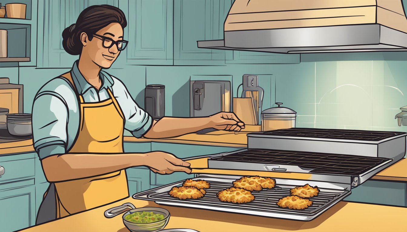 A person using an oven to reheat fried ravioli on a baking sheet