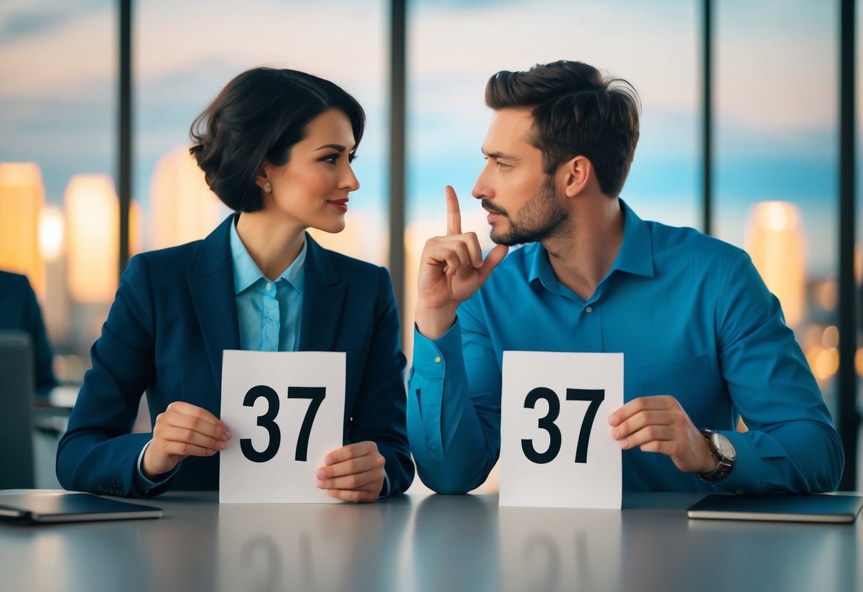 A couple sits at a table, each holding a piece of paper with the number 37 written on it. They are deep in conversation, gesturing and nodding