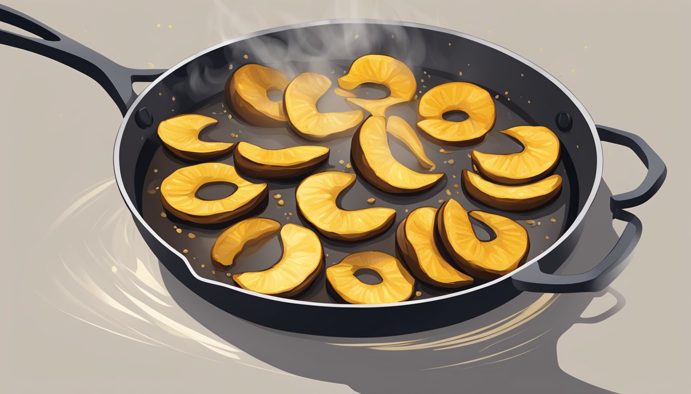 A skillet with sizzling oil, with golden brown fried plantains being gently flipped and reheated