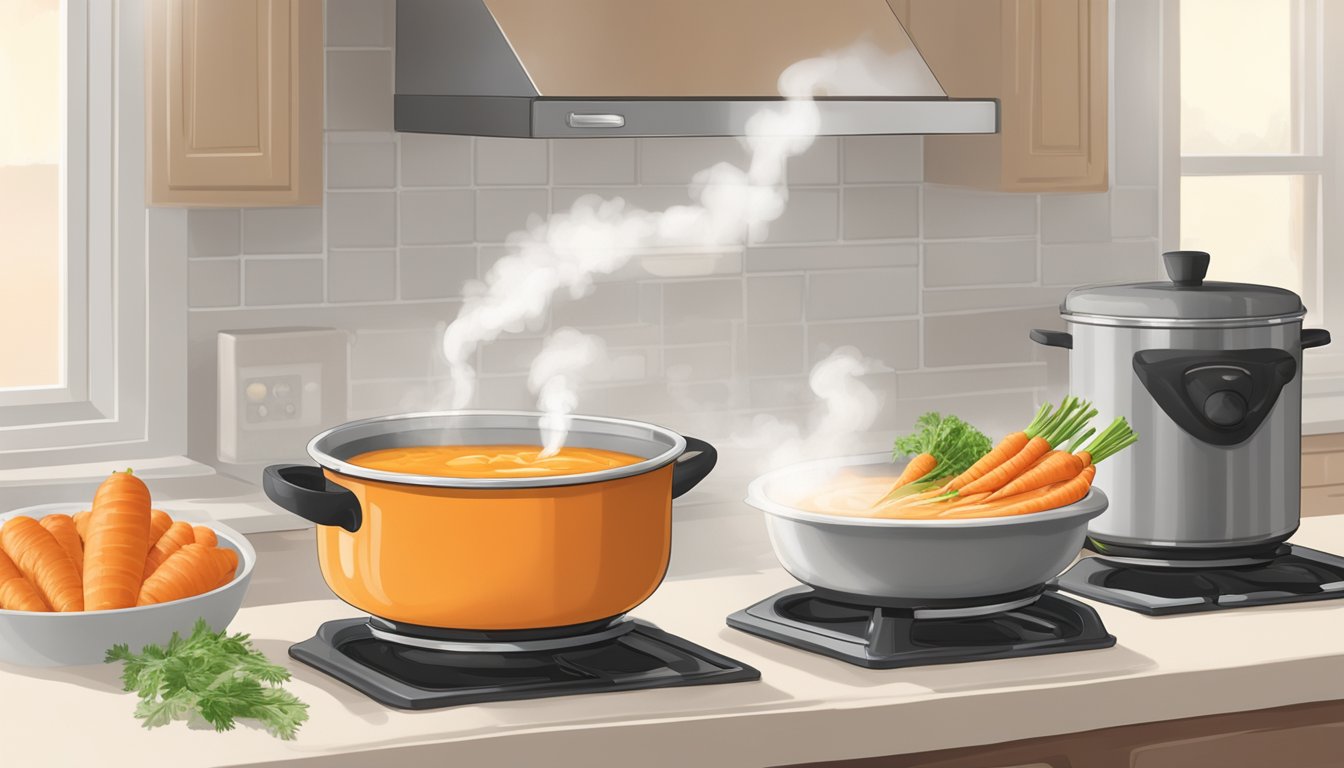 A steaming bowl of carrot ginger soup sits on a stovetop, surrounded by fresh carrots, ginger, and a ladle. Steam rises from the bowl