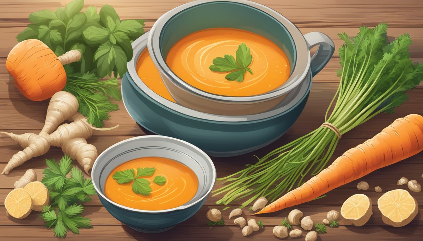 A steaming bowl of ginger carrot soup sits on a rustic wooden table, surrounded by vibrant whole carrots, fresh ginger, and fragrant herbs