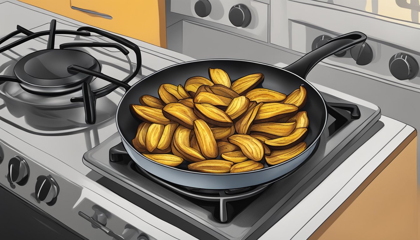 A plate of fried plantains being reheated in a skillet on a stovetop