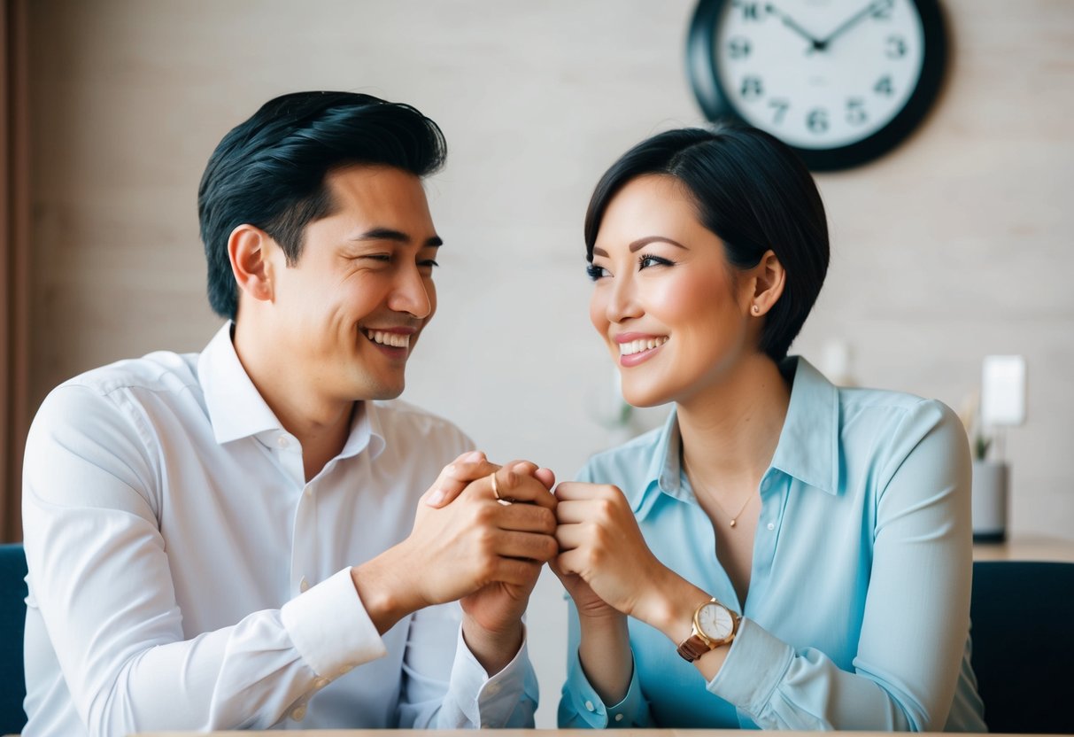 A couple sitting at a table, holding hands, with a warm and loving expression on their faces. A clock on the wall shows the time as 10:10