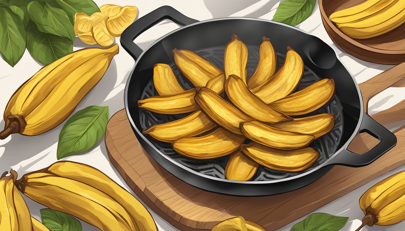 Golden plantains sizzling in a hot skillet, emitting a mouthwatering aroma as they crisp up to achieve the ideal texture