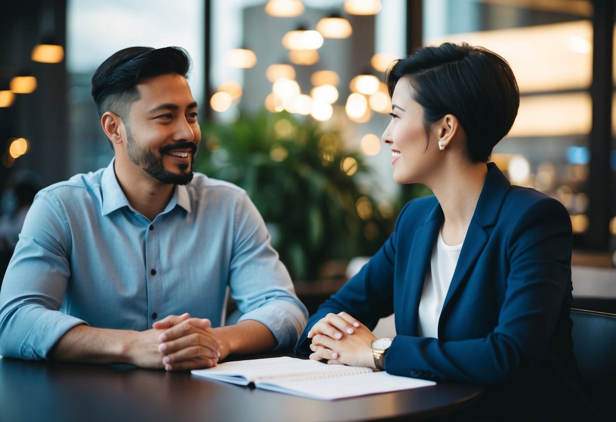 A couple sits at a table, one person speaking while the other listens attentively. They maintain eye contact and appear engaged in the conversation