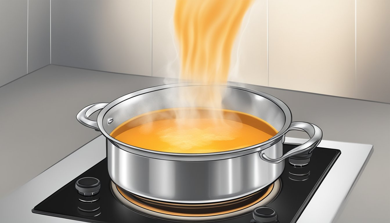 A pot of ginger carrot soup being slowly reheated on a stovetop, steam rising from the surface as the liquid begins to simmer