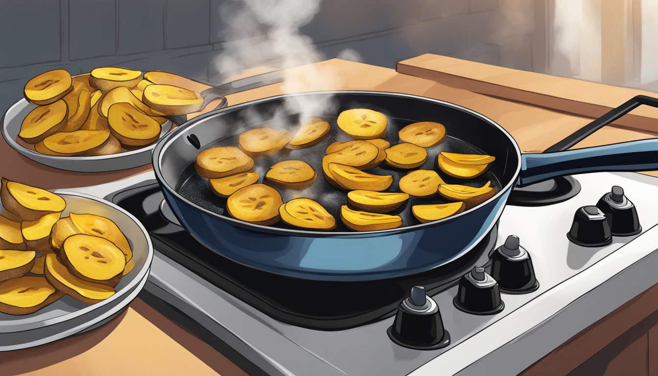 A plate of fried plantains being reheated in a skillet over a stovetop, with steam rising from the sizzling slices