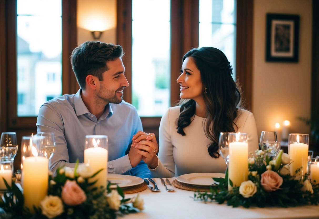 A couple sitting at a table, holding hands and looking into each other's eyes, surrounded by candles and flowers
