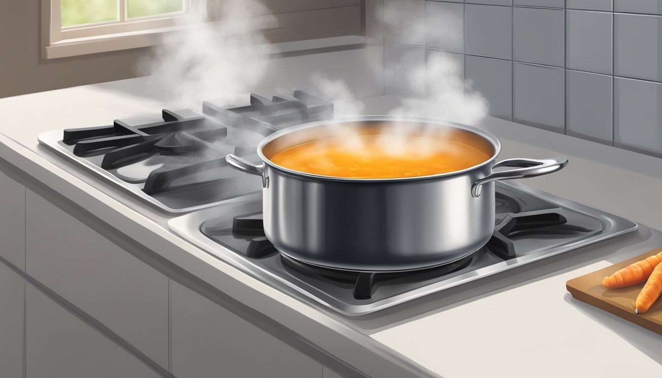 A pot of ginger carrot soup being gently reheated on a stovetop, with steam rising from the surface and the aroma filling the kitchen