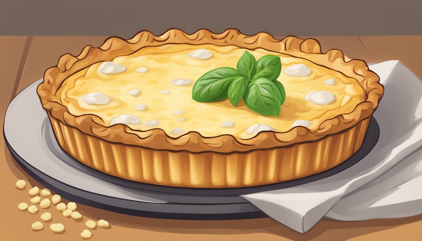 A goat cheese tart sits on a baking sheet in an oven, the warm golden crust and bubbling cheese emitting a savory aroma