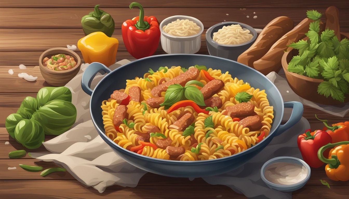 A steaming bowl of reheated fusilli with sausage and peppers sits on a rustic wooden table, surrounded by colorful ingredients and a hint of steam rising from the dish