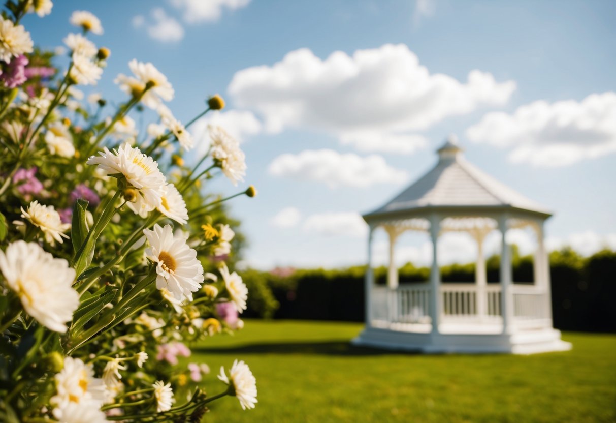 A sunny outdoor wedding in June with blooming flowers and a white gazebo