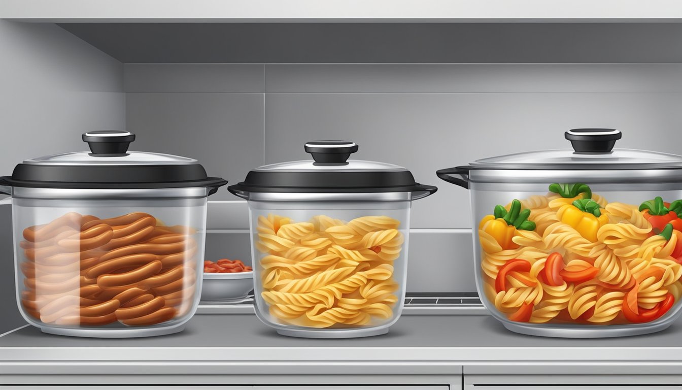 A pot of fusilli, sausage, and peppers stored in airtight containers. Microwave and stovetop with a lid for reheating