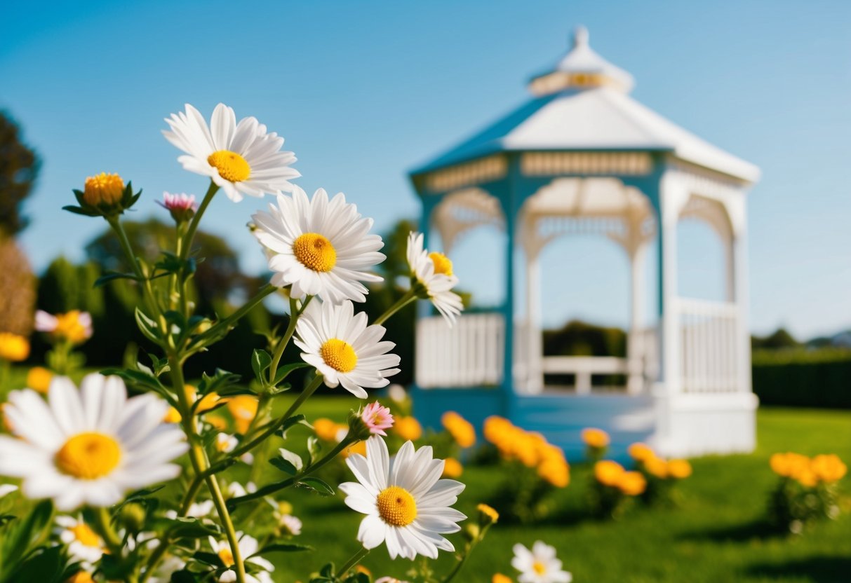 A sunny outdoor wedding in June with blooming flowers and a white gazebo