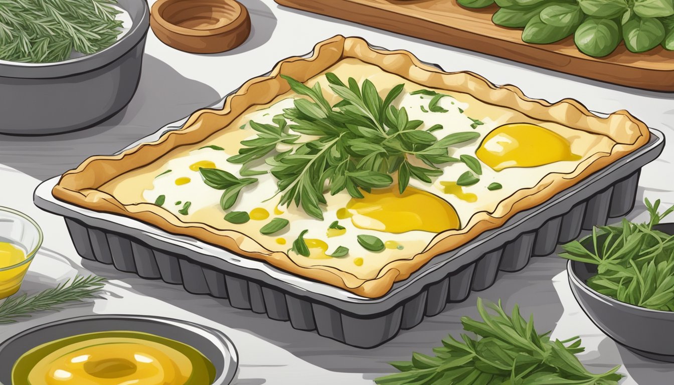 A goat cheese tart sits on a baking sheet, surrounded by fresh herbs and a drizzle of olive oil, ready to be placed in the oven for reheating