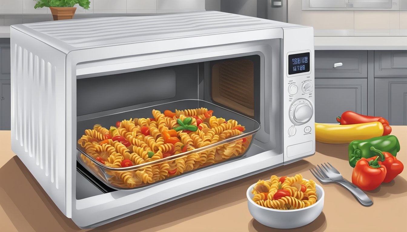 Fusilli with sausage and peppers in a microwave-safe dish, covered with a microwave-safe lid, with a microwave in the background