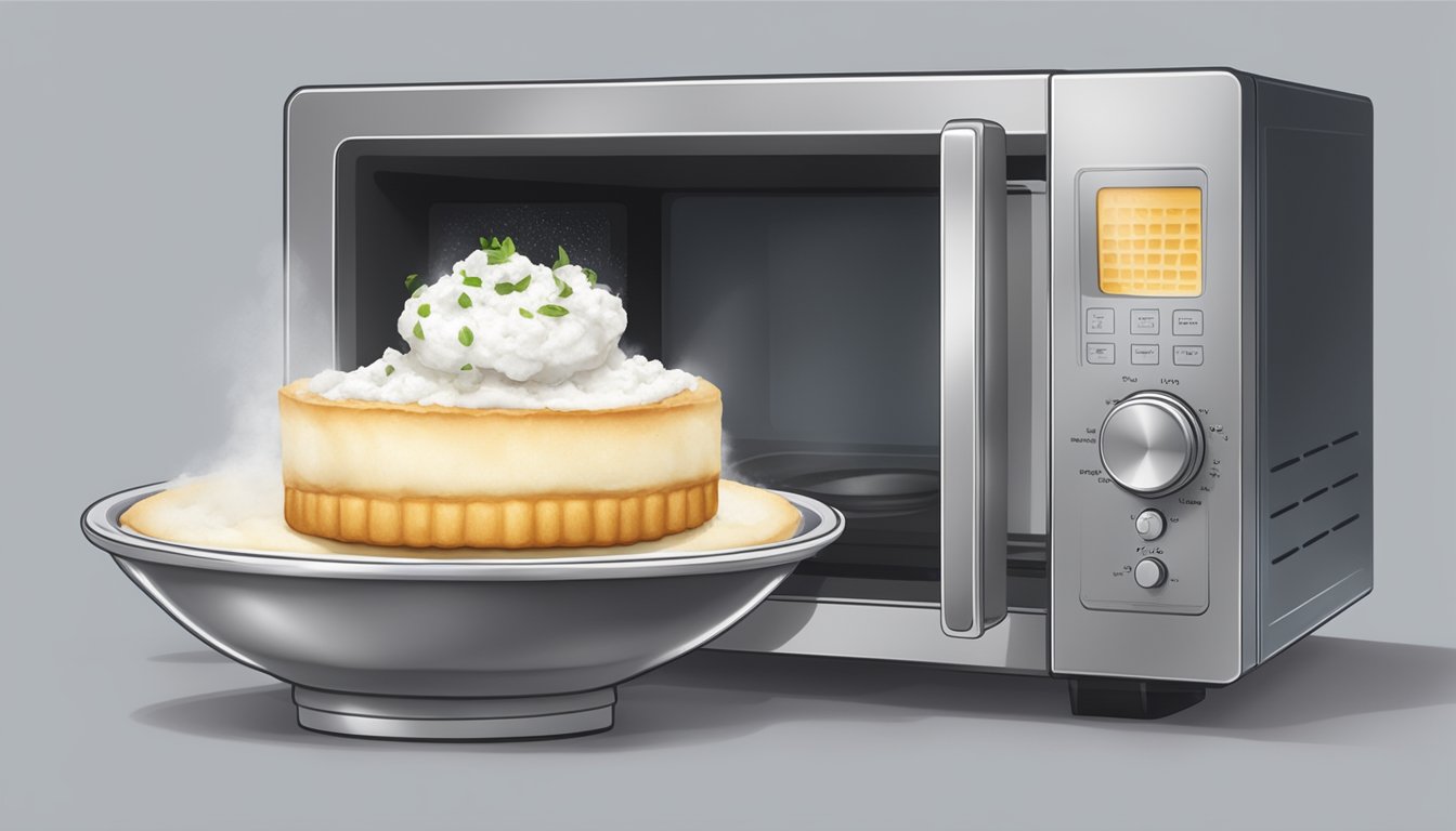 A microwave with a plate of goat cheese tart inside, steam rising from the hot pastry