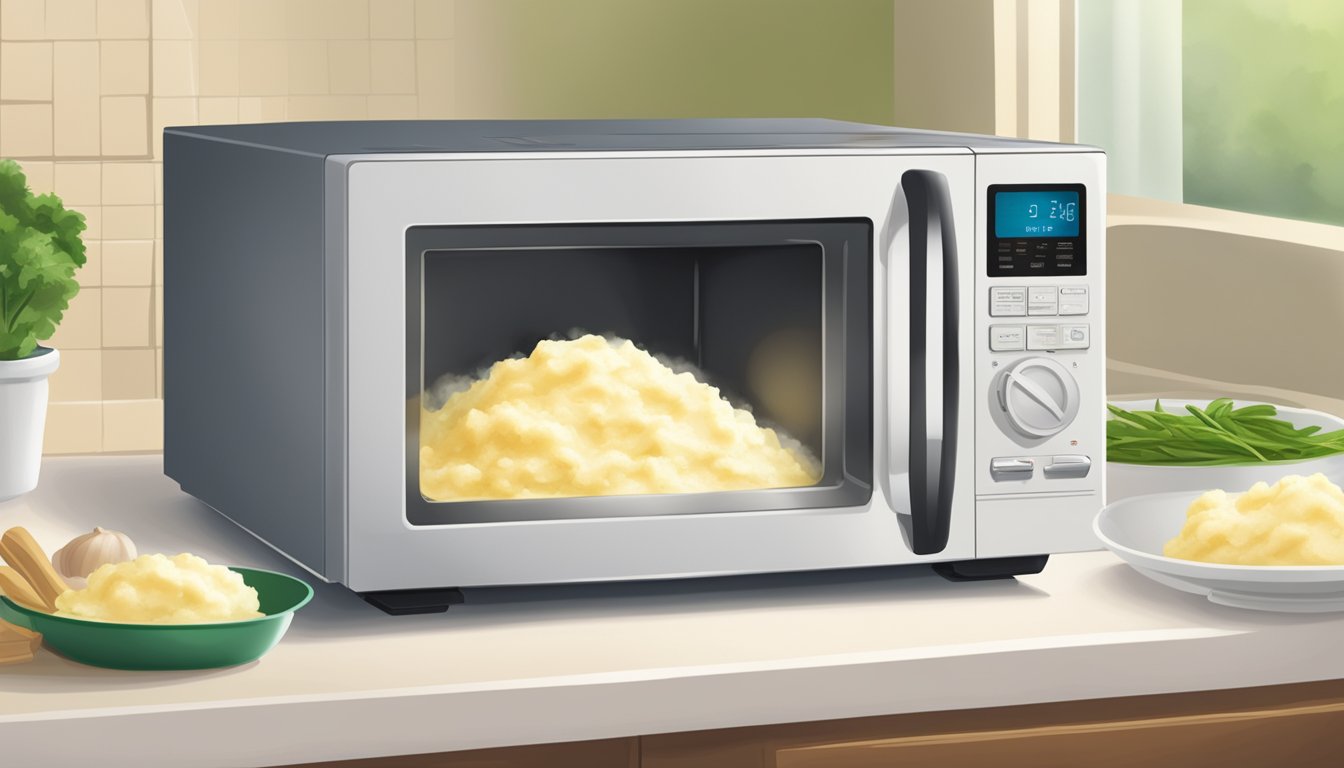 A steaming bowl of garlic mashed potatoes being reheated in the microwave