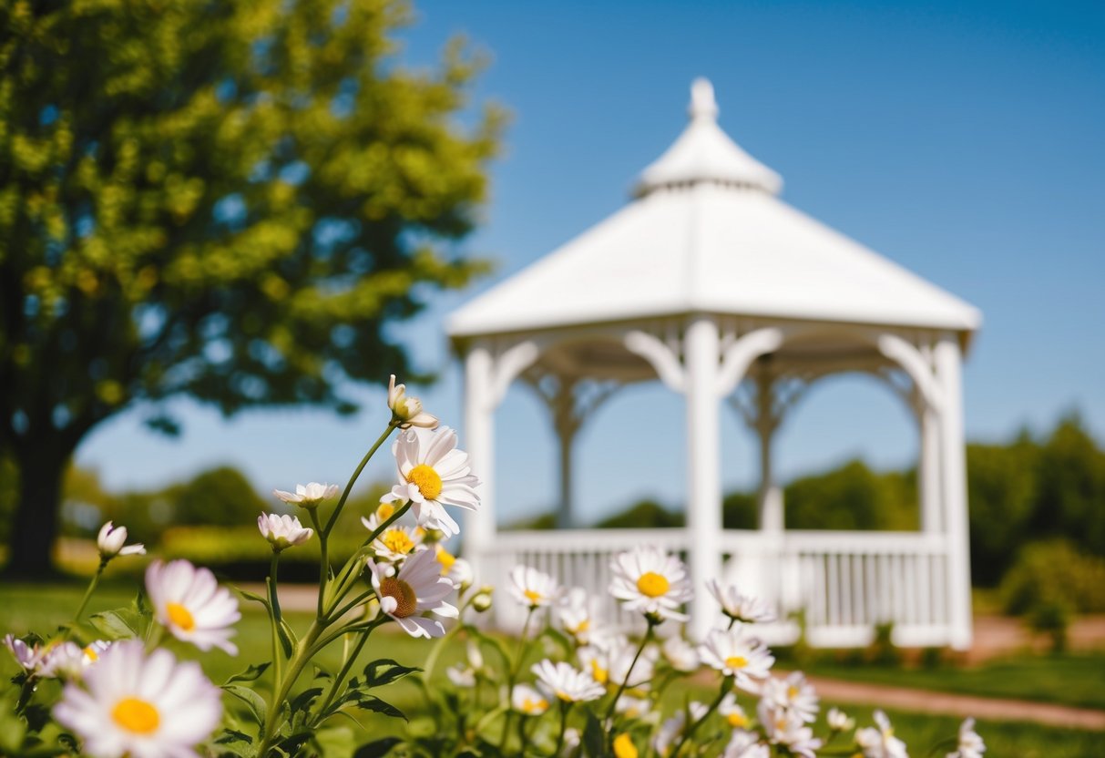 A sunny outdoor wedding with blooming flowers and a white gazebo