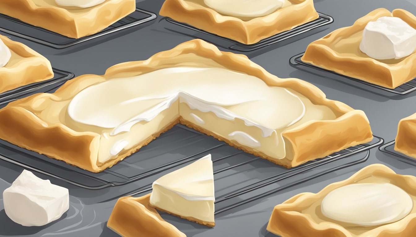 A slice of goat cheese tart being placed on a baking sheet and heated in the oven until the cheese begins to melt and the crust turns golden brown