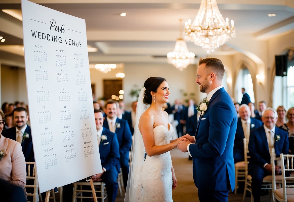 A bustling wedding venue with a calendar showing peak months for ceremonies and a happy couple exchanging vows