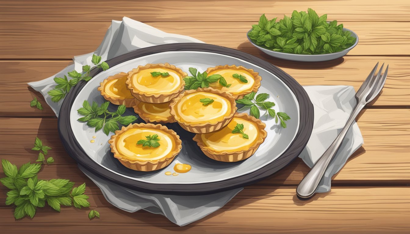 A plate of golden goat cheese tarts on a rustic wooden table, with a scattering of fresh herbs and a drizzle of honey