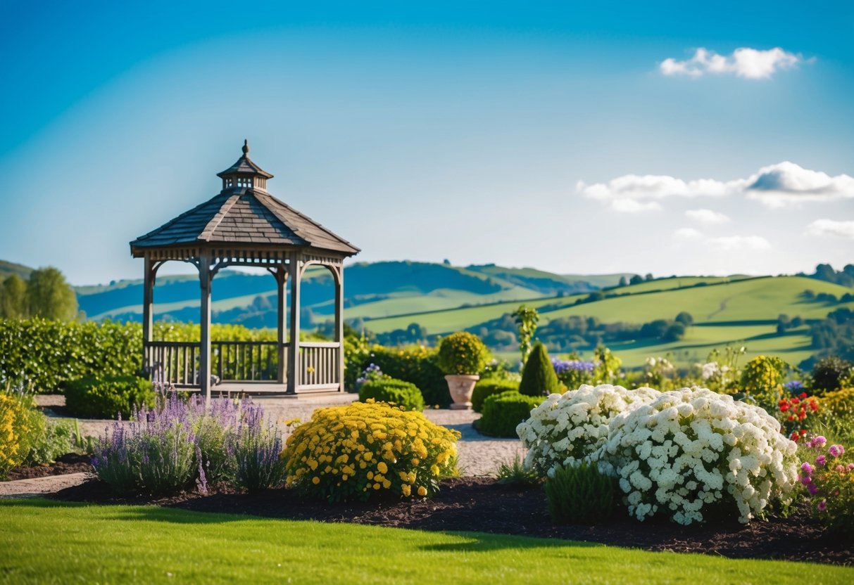 A sunny, blooming garden with a picturesque gazebo and a gentle breeze, set against a backdrop of rolling green hills and a clear blue sky