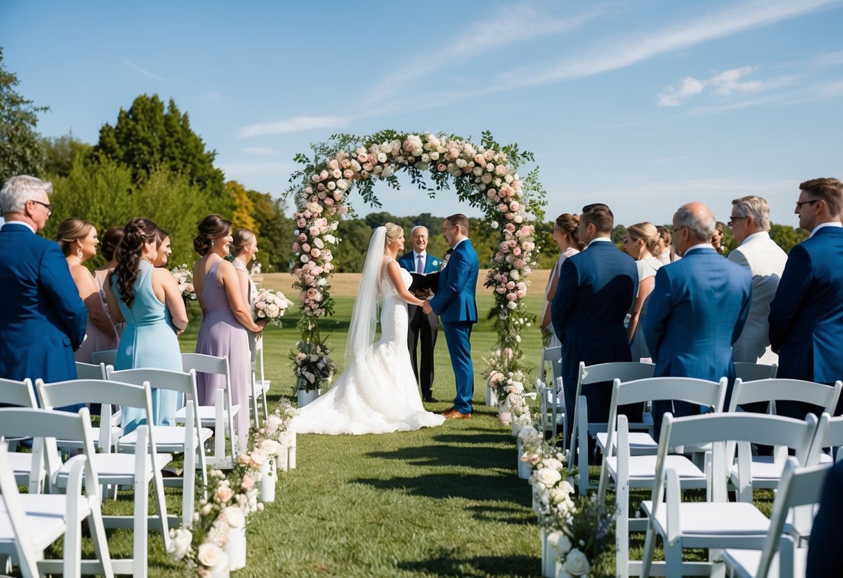 A sunny outdoor wedding ceremony with a floral arch and rows of chairs. A bride and groom stand under the arch, surrounded by family and friends