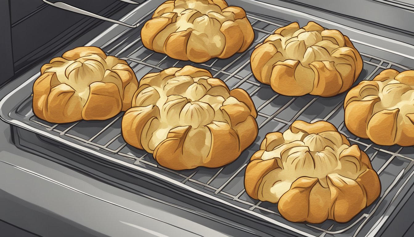 Garlic pull-apart bread being reheated in the oven on a baking sheet