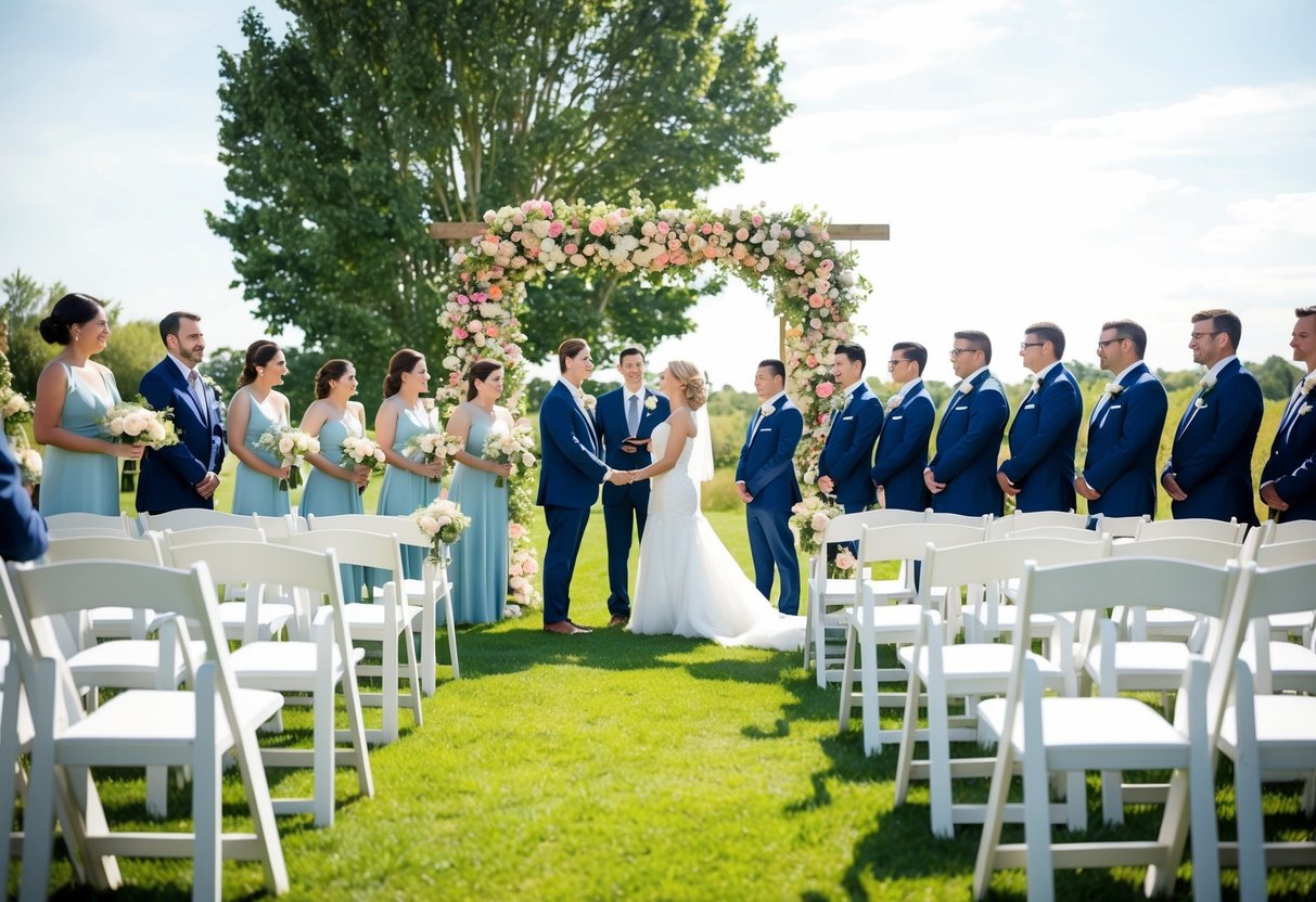 A sunny outdoor wedding with a floral arch and rows of white chairs. The bride and groom stand under the arch, surrounded by family and friends