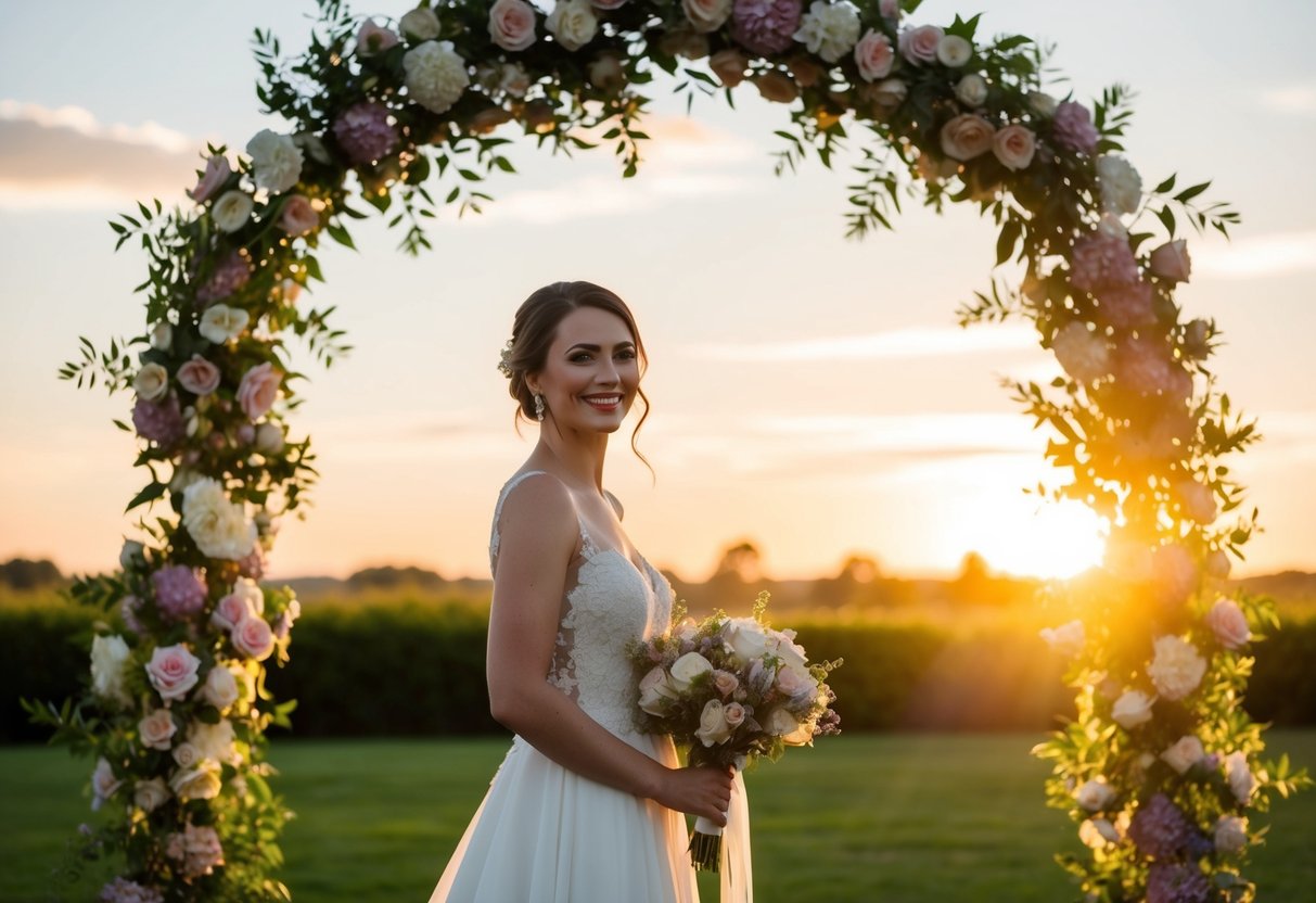 The bride stands under a floral arch, smiling. The setting sun casts a warm glow over the scene, creating a romantic atmosphere