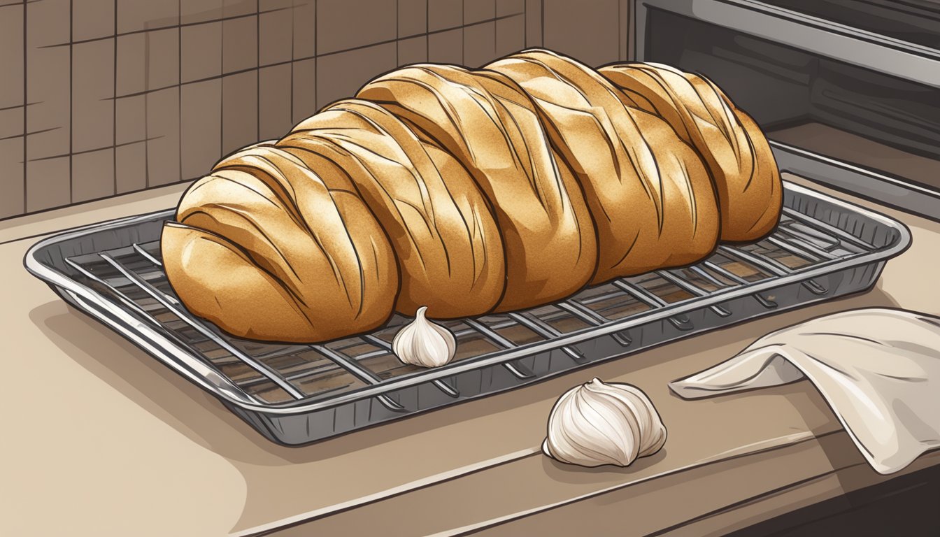 A loaf of garlic pull apart bread wrapped in foil on a baking sheet, placed in the oven