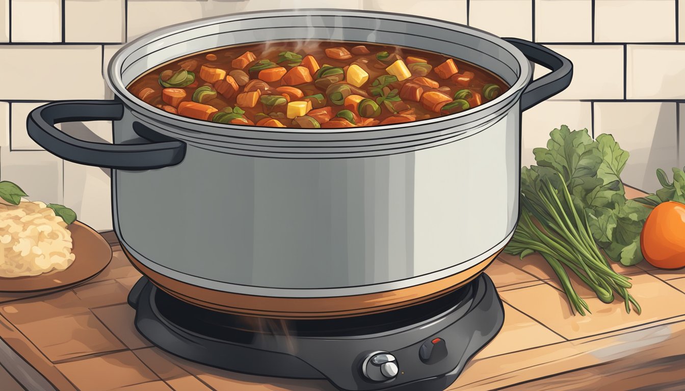 A pot of goulash simmering on a stovetop, steam rising from the rich, savory stew