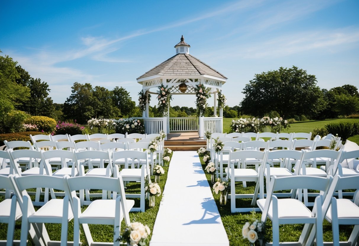 A sunny outdoor wedding venue with rows of white chairs and a gazebo adorned with flowers. The setting is surrounded by lush greenery and a clear blue sky