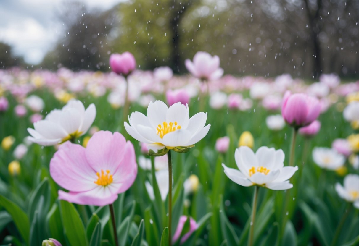 A spring wedding in the UK, with blooming flowers, a light drizzle, and a pastel color palette