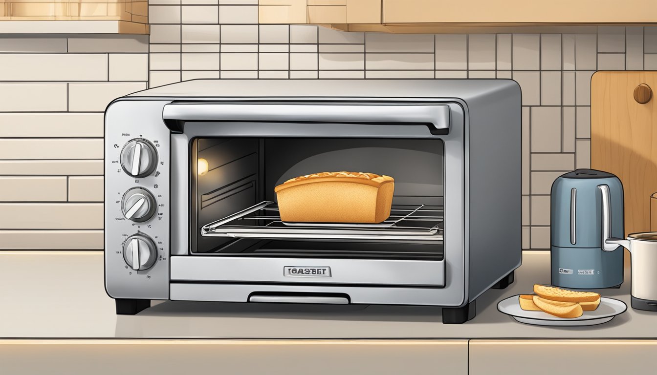 A toaster oven with garlic bread inside, set to reheat