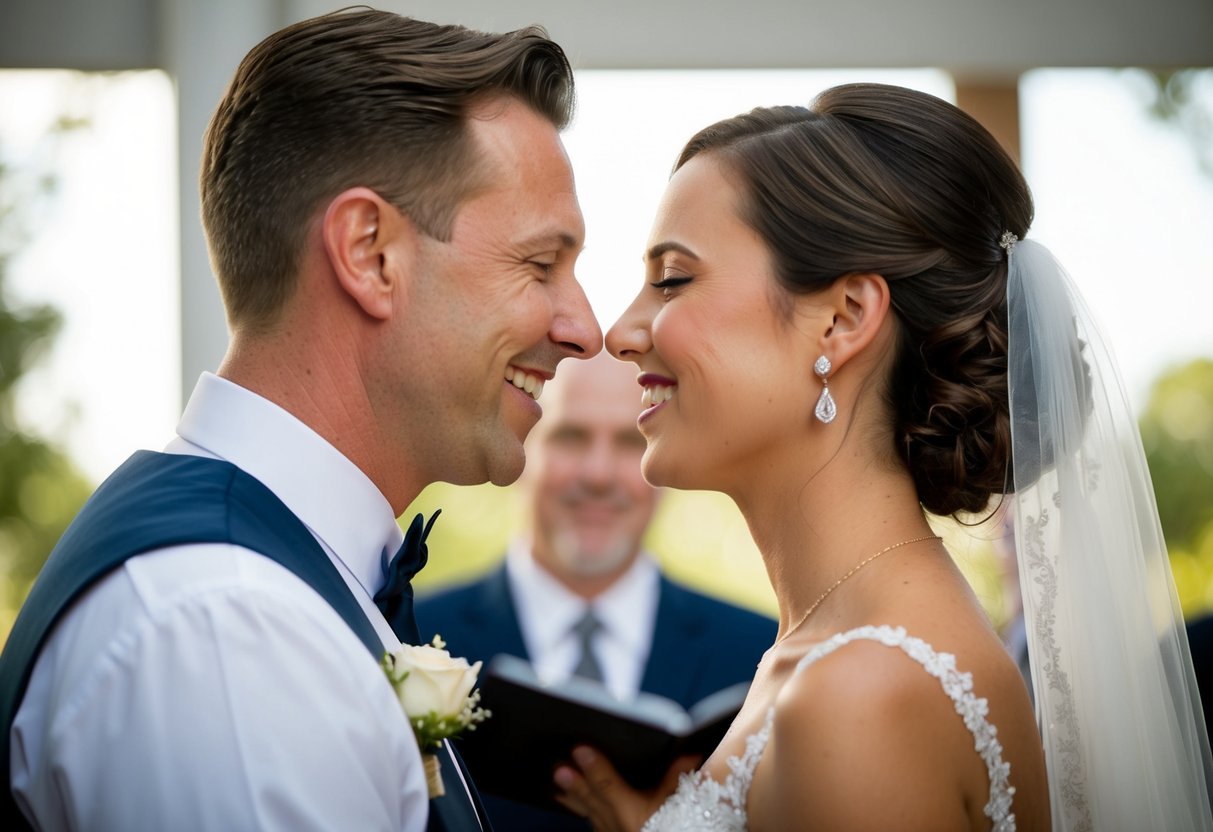 The officiant smiles as the bride and groom face each other, ready for their first kiss