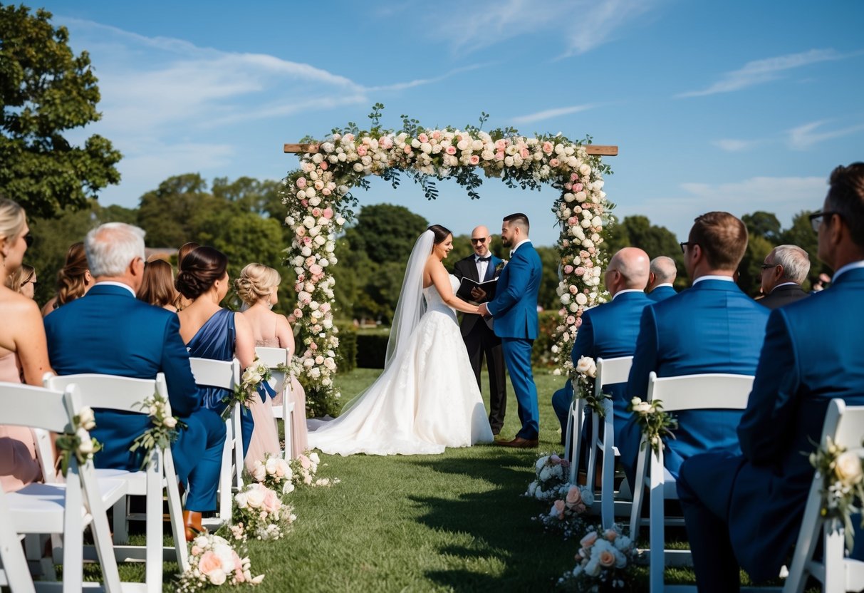A sunny outdoor wedding ceremony with floral arch, guests seated on white chairs, and a couple exchanging vows under a blue sky