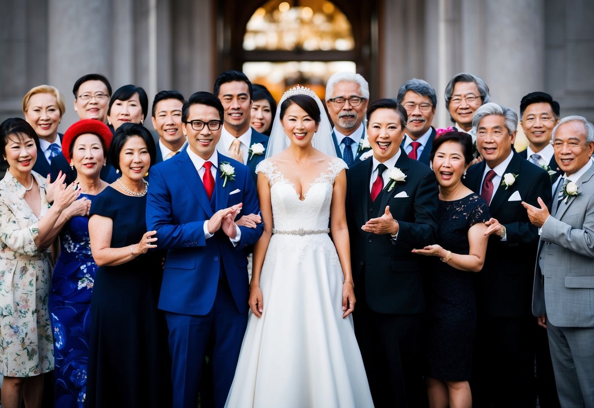 A bride standing in front of a diverse group of people, each representing different cultural backgrounds, with varying expressions and gestures indicating their customs and personal preferences for when to kiss the bride