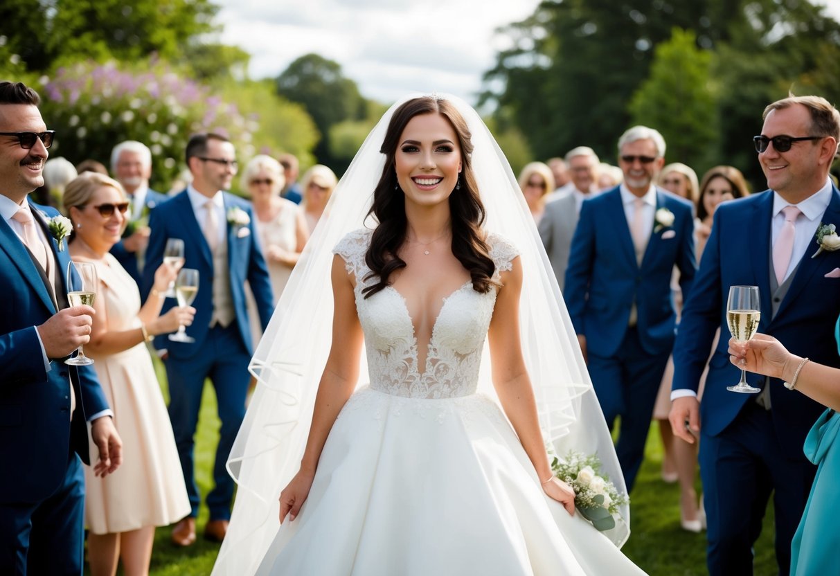 A bride stands with a veil flowing behind her, surrounded by wedding guests, with a joyful and celebratory atmosphere