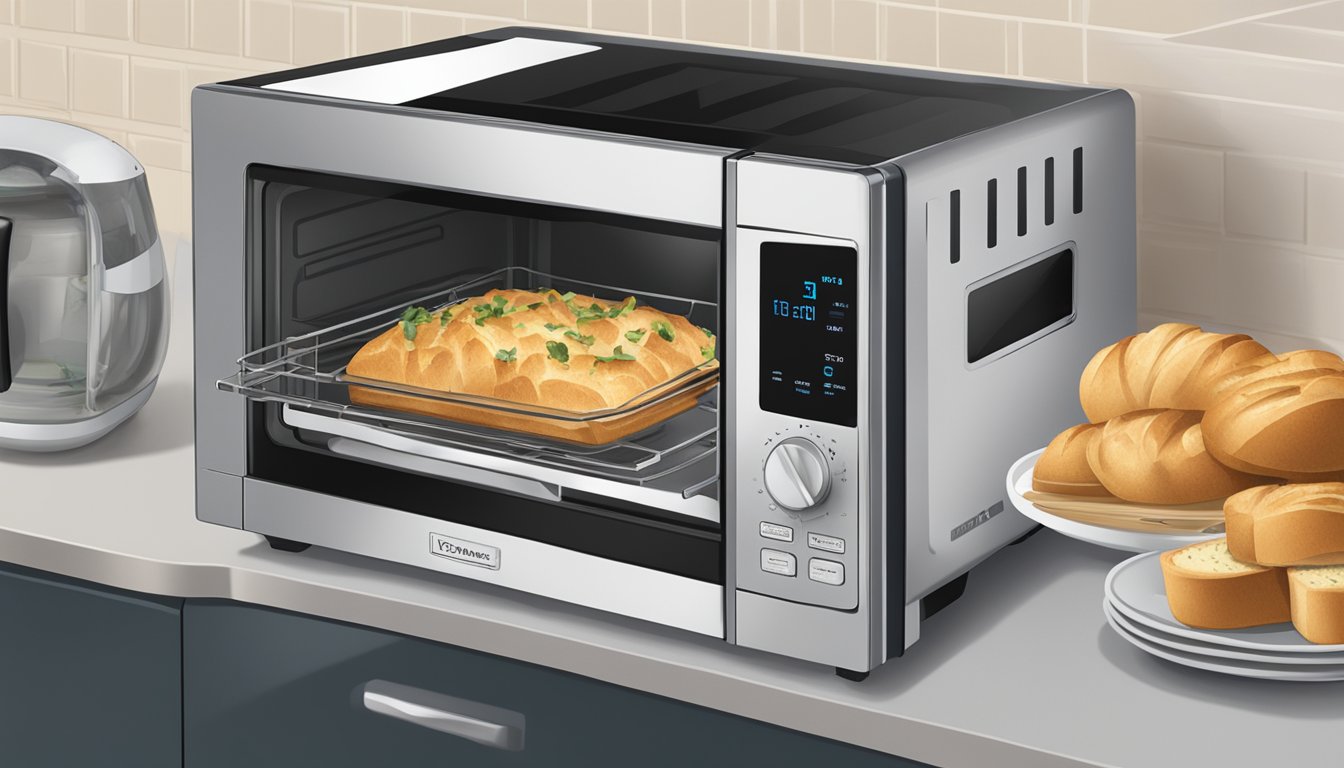 A microwave next to a toaster oven, with a plate of garlic pull apart bread inside the toaster oven and a microwave-safe dish beside it